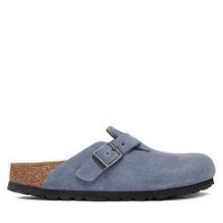Klapki Birkenstock. Niebieskie klapki Birkenstock, bez wzorów, bez obcasa, bez zapięcia. Za 694.99 zł.