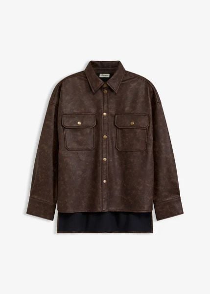Koszula z imitacji skóry z efektem zużycia. Brązowe koszule bonprix, bez wzorów, ze skóry, bez kołnierzyka, bez ramiączek. Za 219.99 zł.
