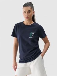 4F T-shirt slim z nadrukiem damski - granatowy XS. Niebieskie t-shirty 4f, xs, bez wzorów, z bawełny, klasyczne, bez kołnierzyka, bez ramiączek. W wyprzedaży za 29.99 zł.
