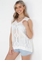 Biały Dzianinowy Top w Stylu Kamizelki z Bawełny Blancita. Białe topy Born2be, w ażurowe wzory, z bawełny, bez kołnierzyka, bez ramiączek. Za 129.99 zł.