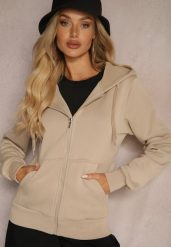 Ciemnobeżowa Casualowa Bluza z Dodatkiem Bawełny Zapinana na Suwak z Kapturem Arkatia. Brązowe bluzy Renee, xl, bez wzorów, z bawełny, bez ramiączek, z kapturem. W wyprzedaży za 63.99 zł.