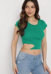 Zielony Bawełniany T-shirt z Asymetrycznym Wycięciem i Ozdobnym Łańcuszkiem Glitia. Zielone t-shirty Born2be, m, bez wzorów, z bawełny, z asymetrycznym kołnierzem, bez ramiączek. Za 69.99 zł.