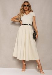 Beżowa Sukienka o Rozkloszowanym Kroju z Krótkim Rękawem i Paskiem z Ekoskóry Frinna. Brązowe sukienki Renee, na co dzień, bez wzorów, eleganckie, bez kołnierzyka, bez ramiączek, midi, rozkloszowane. W wyprzedaży za 187.99 zł.