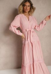 Różowa Wiskozowa Sukienka o Rozkloszowanym Kroju z Wiązanym Paskiem i Koronką Reisavien. Czerwone sukienki Renee, na co dzień, l, bez wzorów, z koronki, eleganckie, bez kołnierzyka, bez ramiączek, maxi, rozkloszowane. W wyprzedaży za 127.99 zł.