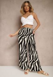 Czarno-Białe Spodnie o Szerokim Kroju High Waist Ozdobione Paskami Lisamelia. Czarne jeansy Renee, l, bez wzorów, z jeansu, eleganckie, z podwyższonym stanem. W wyprzedaży za 29.99 zł.