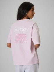 4F T-shirt loose z nadrukiem damski - różowy M. Czerwone t-shirty 4f, m, bez wzorów, z bawełny, klasyczne, bez kołnierzyka, bez ramiączek. Za 59.99 zł.