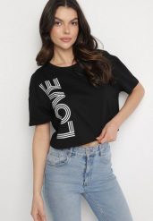 Czarny Krótki Bawełniany T-shirt z Napisem Sannirra. Czarne t-shirty Born2be, m, bez wzorów, z bawełny, klasyczne, bez kołnierzyka, bez ramiączek. Za 49.99 zł.