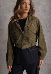 Zielona Kurtka Utility Cropped z Imitacji Zamszu z Suwakami i Paskiem w Talii Gleania. Zielone kurtki Renee, l, bez wzorów, z koronki, rockowe, bez kaptura. Za 229.99 zł.