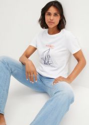T-shirt bawełniany z rozcięciem z boku i nadrukiem. Białe t-shirty bonprix, bez wzorów, z bawełny, bez kołnierzyka, bez ramiączek. Za 64.99 zł.