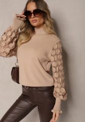 Ciemnobeżowy Półgolf Sweter z Wiskozą Ściągaczem i Koronką Liasara. Brązowe swetry Renee, na zimę, s, bez wzorów, z koronki, bez ramiączek. W wyprzedaży za 79.99 zł.
