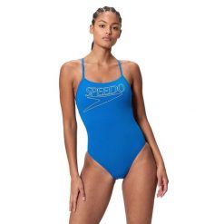 Strój kąpielowy damski Speedo End+ Logo Thin Strap. Niebieskie stroje jednoczęściowe Speedo, bez wzorów, z tkaniny, sportowe. Za 195.49 zł.