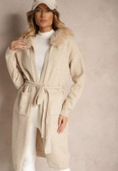 Beżowy Kardigan z Wełną Wiązany w Pasie z Kapturem z Odpinanym Futerkiem Besiyana. Brązowe swetry Renee, z aplikacjami, z jeansu, eleganckie, bez ramiączek. W wyprzedaży za 151.99 zł.