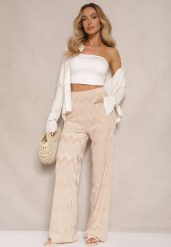 Beżowe Spodnie z Wiskozą o Szerokim Kroju High Waist Weralis. Brązowe jeansy Renee, l, bez wzorów, z jeansu, eleganckie, z podwyższonym stanem. W wyprzedaży za 74.99 zł.