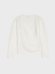 Sweter z kopertowym dekoltem z domieszką wełny - kremowy. Białe swetry Sinsay, l, bez wzorów, z wełny, bez ramiączek. Za 59.99 zł.