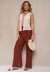 Bordowe Wiskozowe Spodnie Palazzo High Waist z Lnem Linaselia. Czerwone jeansy Renee, na lato, m, bez wzorów, z jeansu, z podwyższonym stanem. W wyprzedaży za 67.99 zł.
