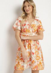 Pomarańczowa Sukienka z Kopertowym Dekoltem z Wiskozą w Kwiaty Sovedia. Brązowe sukienki Born2be, l, bez wzorów, z wiskozy, eleganckie, bez kołnierzyka, bez ramiączek, mini, kopertowe. Za 69.99 zł.