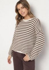 Jasnobeżowy Sweter Oversize w Paski z Dodatkiem Wełny i Wiskozy Tianalla. Brązowe swetry Born2be, bez wzorów, z jeansu, eleganckie, bez ramiączek. Za 129.99 zł.