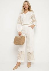 Beżowe Szerokie Spodnie z Bawełny Ozdobione Haftami Fenirae. Brązowe jeansy Born2be, z aplikacjami, z bawełny, eleganckie, z podwyższonym stanem. Za 149.99 zł.