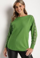 Zielony Sweter z Wiskozą Ozdobiony Cyrkoniami na Rękawach Reninna. Zielone swetry Born2be, m, z aplikacjami, z jeansu, eleganckie, bez ramiączek. W wyprzedaży za 84.99 zł.