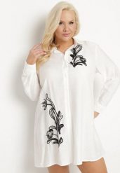 Biała Koszulowa Sukienka z Wiskozy Zdobiona Kwiatowym Haftem Nalilsa. Białe sukienki Born2be, na co dzień, plus size, z aplikacjami, z wiskozy, eleganckie, bez kołnierzyka, plus size, bez ramiączek, mini, koszulowe. W wyprzedaży za 93.49 zł.