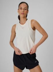 4F Top treningowy regular szybkoschnący damski - biały S. Białe topy 4f, s, bez wzorów, z materiału, bez kołnierzyka, bez ramiączek. Za 99.99 zł.