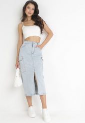Jasnoniebieska Spódnica Midi Jeansowa z Szerokimi Kieszeniami Carlana. Niebieskie spódnice Born2be, na co dzień, m, bez wzorów, z jeansu, eleganckie, midi. W wyprzedaży za 127.49 zł.