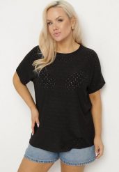 Czarny T-shirt z Bawełną i Ażurowym Wzorem Puzira. Czarne t-shirty Born2be, s, w ażurowe wzory, z bawełny, eleganckie, bez kołnierzyka, bez ramiączek. W wyprzedaży za 33.99 zł.