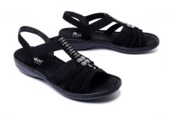 RIEKER 60806-00 black, sandały damskie. Czarne sandały Rieker, bez wzorów, bez obcasa, na koturnie, bez zapięcia. Za 215.92 zł.