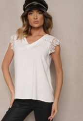 Biały Top z Wiskozą i Lnem z Koronką przy Rękawach Sanindrae. Białe topy Renee, l, z aplikacjami, z jeansu, eleganckie, bez kołnierzyka, bez ramiączek. W wyprzedaży za 55.99 zł.