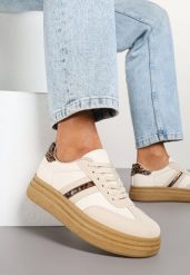 Beżowe Sneakersy Kultowe Tenisówki na Grubej Podeszwie Ozdobione Wzorem w Panterkę Gonelis. Brązowe trampki Renee, bez wzorów, z jeansu, bez zapięcia. W wyprzedaży za 75.99 zł.