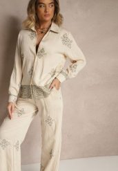 Beżowy Wiskozowy Komplet z Haftowanymi Zdobieniami Koszula i Spodnie Iffina. Brązowe koszule Renee, l, z aplikacjami, z wiskozy, eleganckie, bez kołnierzyka, bez ramiączek. W wyprzedaży za 135.99 zł.