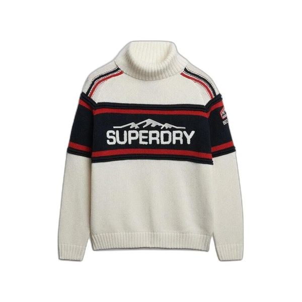Damski sweter z golfem po nartach Superdry. Białe swetry Superdry, na zimę, m, z aplikacjami, eleganckie, bez ramiączek. Za 473.65 zł.