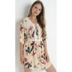 Beżowa Sukienka Bawełniana Anica. Brązowe sukienki Born2be, l, z aplikacjami, z bawełny, boho, bez kołnierzyka, bez ramiączek, mini. Za 89.99 zł.