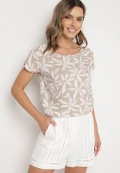Beżowa Wiskozowa Bluzka o Kroju Typu Nietoperz w Kwiatowy Wzór Flemira. Brązowe bluzki Born2be, l, bez wzorów, z jeansu, eleganckie, bez kołnierzyka, bez ramiączek. W wyprzedaży za 46.74 zł.