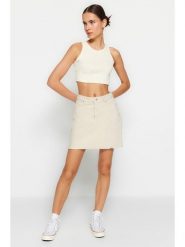 Trendyol Spódnica dżinsowa w kolorze kremowym rozmiar: 36. Brązowe spódnice Trendyol, na co dzień, bez wzorów, z bawełny, klasyczne, mini, proste. Za 69.58 zł.