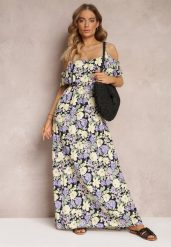 Fioletowo-Żółta Sukienka Maxi Bawełniana w Kwiaty z Falbanką Saranna. Fioletowe sukienki Renee, na imprezę, l, bez wzorów, z bawełny, bez kołnierzyka, bez ramiączek, maxi, rozkloszowane. W wyprzedaży za 67.99 zł.