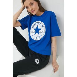 Converse t-shirt bawełniany z nadrukiem. Niebieskie t-shirty Converse, l, bez wzorów, z bawełny, bez kołnierzyka, bez ramiączek. Za 99.99 zł.