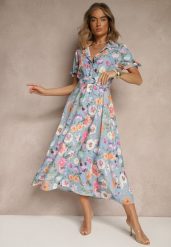 Jasnoniebieska Koszulowa Sukienka w Kwiaty o Rozkloszowanym Fasonie z Paskiem Fevalirra. Niebieskie sukienki Renee, na spotkanie biznesowe, m, bez wzorów, eleganckie, bez kołnierzyka, bez ramiączek, maxi, kopertowe. W wyprzedaży za 107.99 zł.