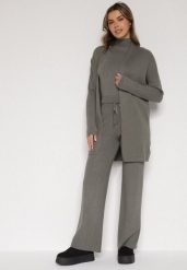 Ciemnozielony Dzianinowy Komplet z Wiskozą Spodnie Bluzka z Półgolfem i Kardigan Vetisena. Zielone bluzki Born2be, l, bez wzorów, z dzianiny, biznesowe, bez kołnierzyka, bez ramiączek. Za 219.99 zł.