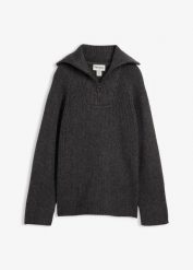 Sweter w prążki ze stójką. Szare swetry bonprix, bez wzorów, bez ramiączek. Za 129.99 zł.