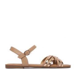 Sandały JENNY. Brązowe sandały Jenny, bez wzorów, bez obcasa, na płaskiej podeszwie, bez zapięcia. Za 79.99 zł.