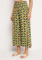 Żółto-Zielone Szerokie Spodnie Kuloty w Mozaikowy Wzór z Bawełny Nanatill. Żółte jeansy Born2be, l, bez wzorów, z bawełny. Za 59.99 zł.