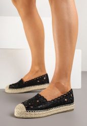 Czarne Ażurowe Espadryle Zdobione Plecionką i Koronką Nelariss. Czarne espadryle Renee, z aplikacjami, z koronki, biznesowe, z okrągłym noskiem, bez obcasa, na płaskiej podeszwie. W wyprzedaży za 75.99 zł.