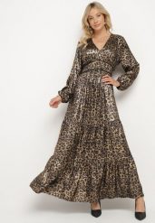 Czarno-Złota Rozkloszowana Sukienka w Panterkę z Falbanami i Gumką w Talii Tinnetra. Czarne sukienki Born2be, na co dzień, z aplikacjami, eleganckie, bez kołnierzyka, bez ramiączek, maxi, kopertowe. W wyprzedaży za 132.99 zł.