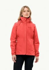 JACK WOLFSKIN Kurtka przeciwdeszczowa damska. Czerwone kurtki przeciwdeszczowe Jack Wolfskin, l, bez wzorów, z materiału, bez kaptura, trekkingowe. Za 269.75 zł.