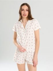 Piżama dwuczęściowa w serduszka - kremowy. Białe piżamy Sinsay, l, bez wzorów, bez kołnierzyka, bez ramiączek. Za 49.99 zł.
