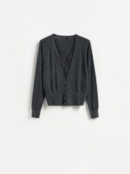 Kardigan z koronką - ciemnoszary. Szare swetry Reserved, l, bez wzorów, z dzianiny, bez ramiączek. Za 149.99 zł.