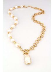 L'Atelier de Gaia Pozłacany naszyjnik z elementami ozdobnymi - dł. 50 cm rozmiar: onesize. Białe naszyjniki L'Atelier de Gaia, z materiału, z perłą, pozłacane. Za 100.99 zł.