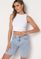 Jasnoniebieskie Szorty Jeansowe z Wysokim Stanem z Bawełny przed Kolano Neliyana. Niebieskie szorty Born2be, bez wzorów, z bawełny, klasyczne. Za 99.99 zł.