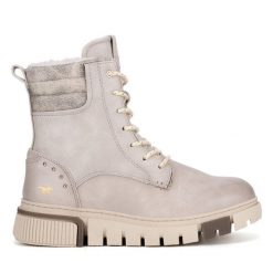 Botki Mustang. Szare botki Mustang, bez wzorów, bez obcasa, na płaskiej podeszwie, bez zapięcia. Za 295.99 zł.